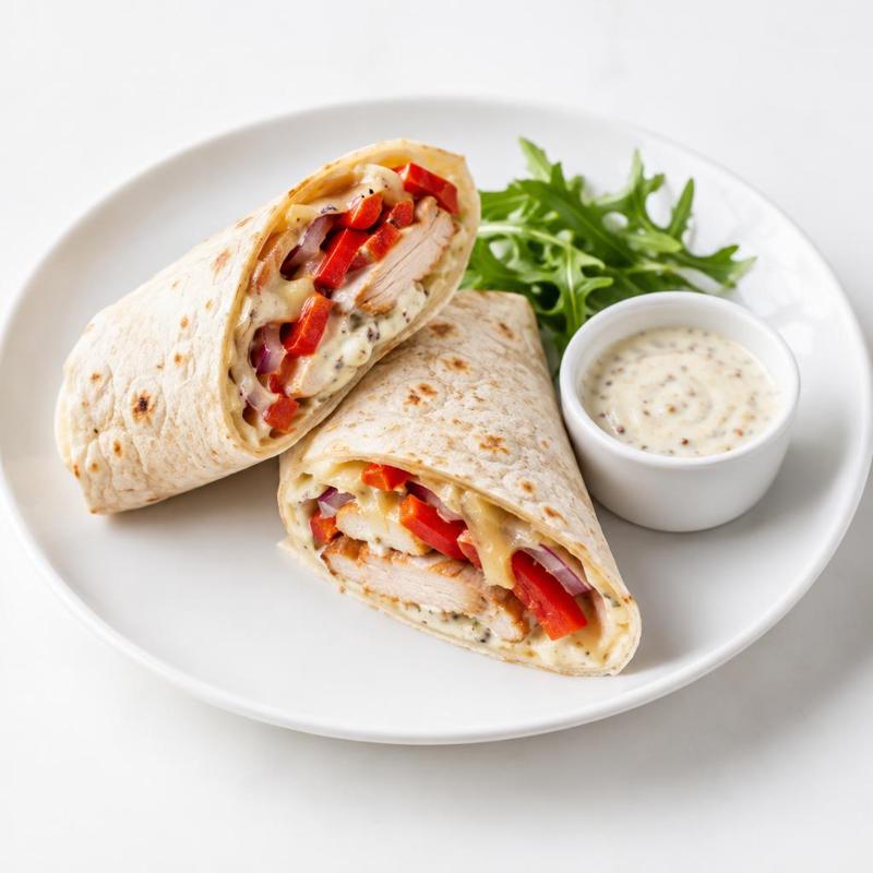 Tortilla z wędzonym kurczakiem i sosem jogurtowo-musztardowym