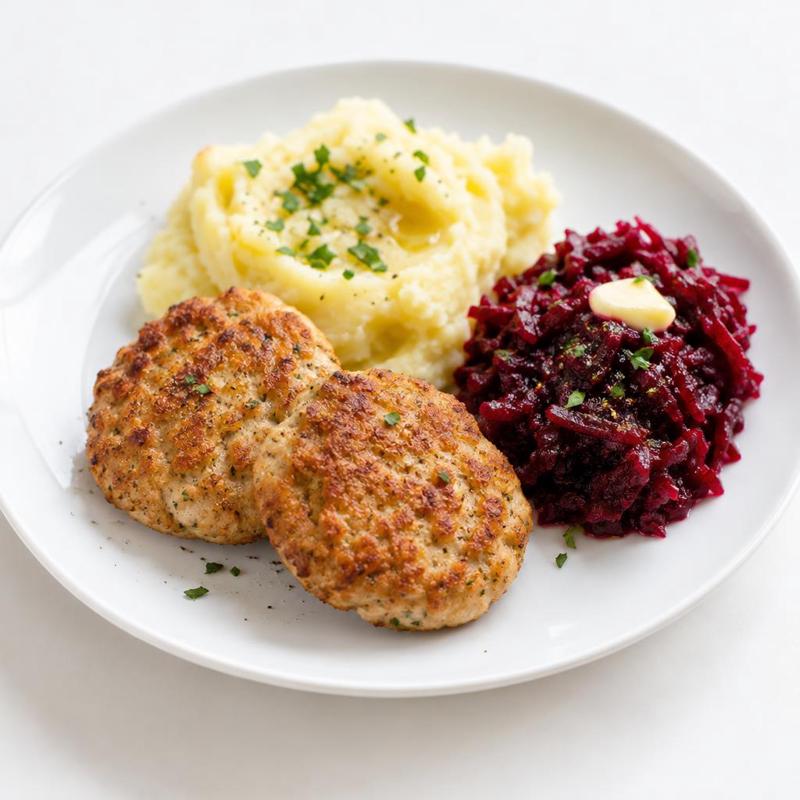 Kotlety drobiowe z purée i buraczkami na maśle