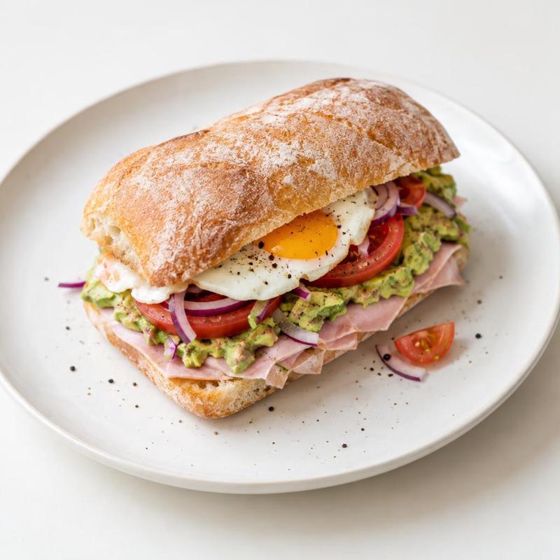Ciabatta z szynką, jajkiem i guacamole z limonką