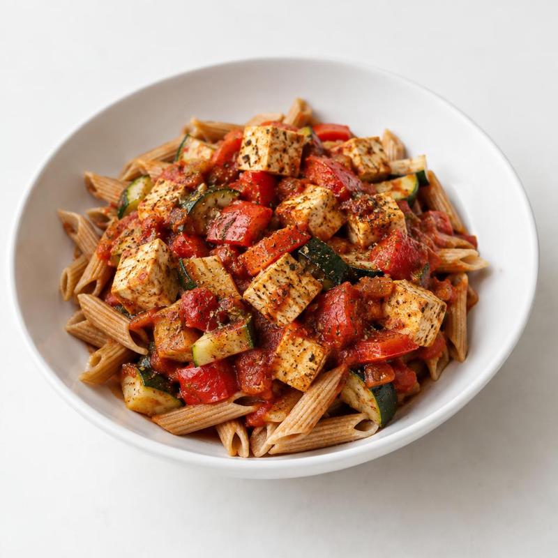 Makaron z pieczonym tofu w sosie pomidorowo-paprykowym
