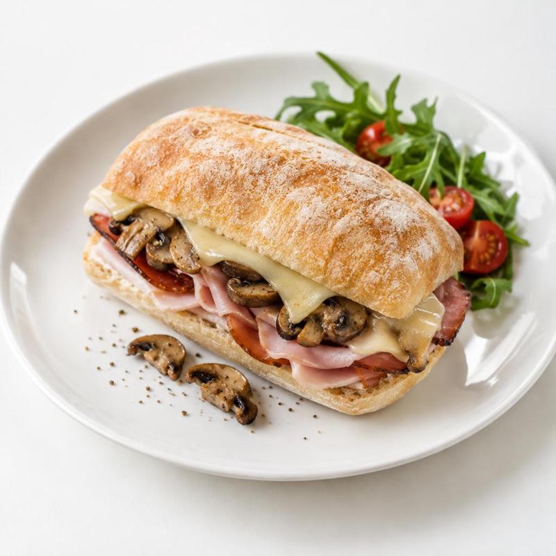 Ciabatta z szynką, polędwicą sopocką oraz podsmażonymi pieczarkami