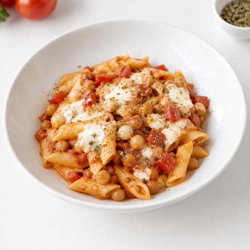 Penne z ciecierzycą w sosie pomidorowym z mozzarellą