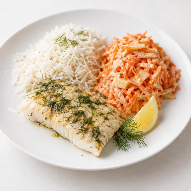 Dorsz z koperkiem, ryżem basmati i surówką marchewkową