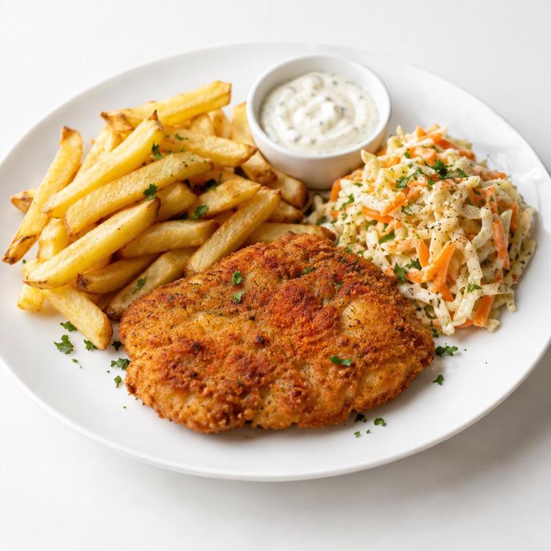 Kotlet paprykowy z frytkami i sosem chrzanowym