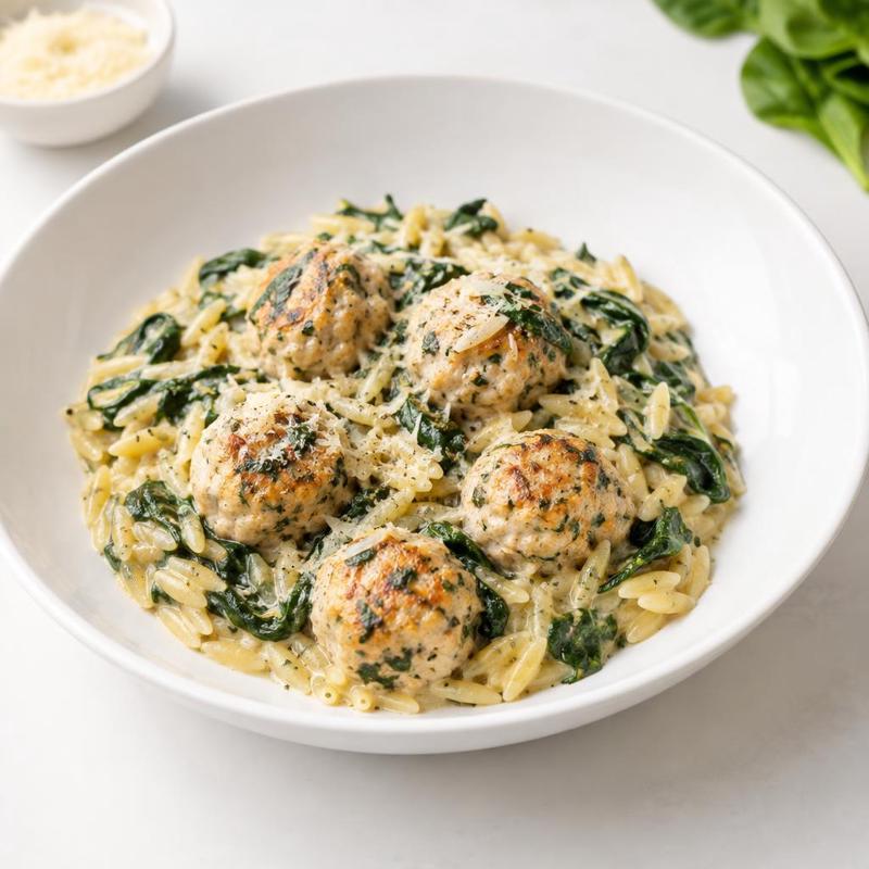 Orzo z pulpetami w sosie szpinakowo-parmezanowym