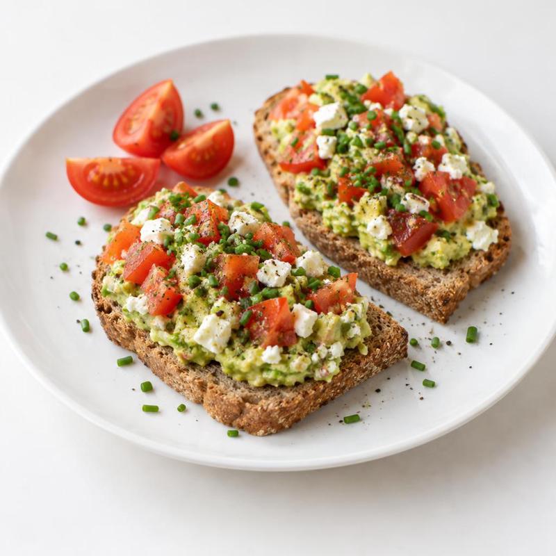 Kanapki z pastą awokado-feta, czosnkiem i pomidorem