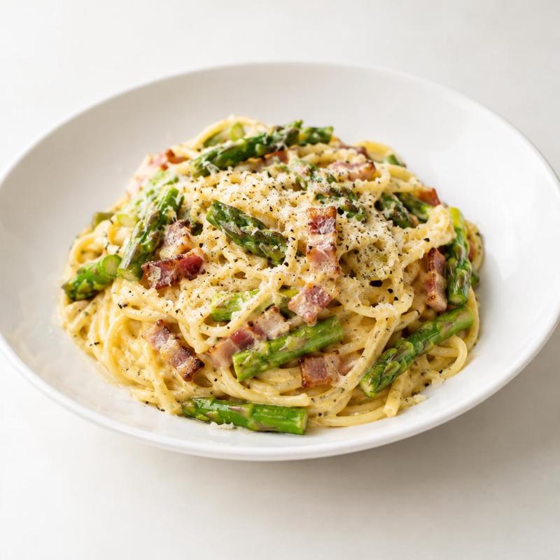 Spaghetti w sosie jajeczno-parmezanowym z boczkiem oraz szparagami