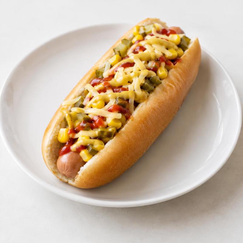 Hot dog z serem i kukurydzą w sosie musztardowym