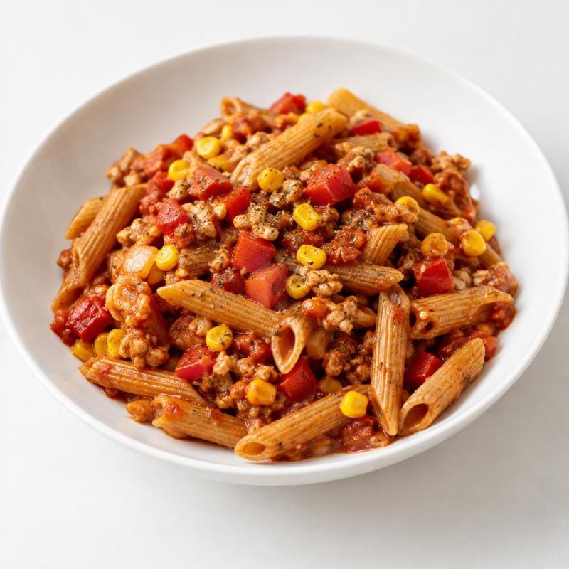 Penne z indykiem, papryką i kukurydzą w jednym garnku