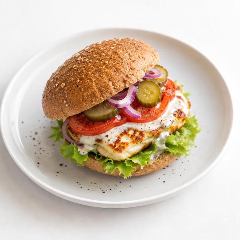 Burger z halloumi i sosem jogurtowo-musztardowym