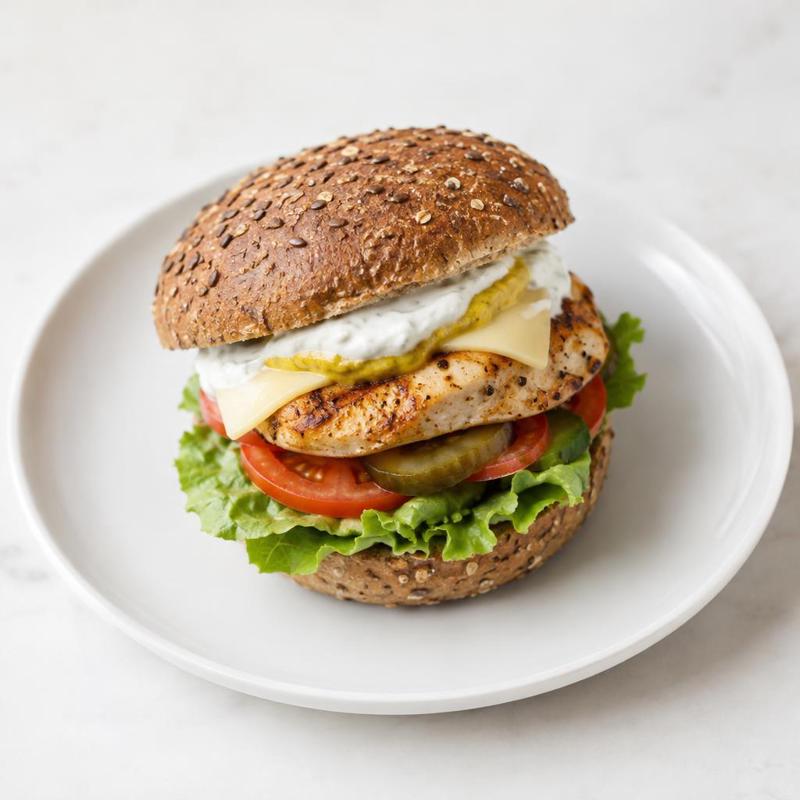 Burger z kurczakiem, serem i sosem musztardowym