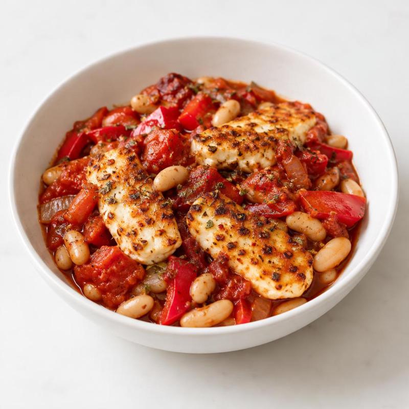Smażone halloumi w sosie ze świeżych pomidorów i papryki