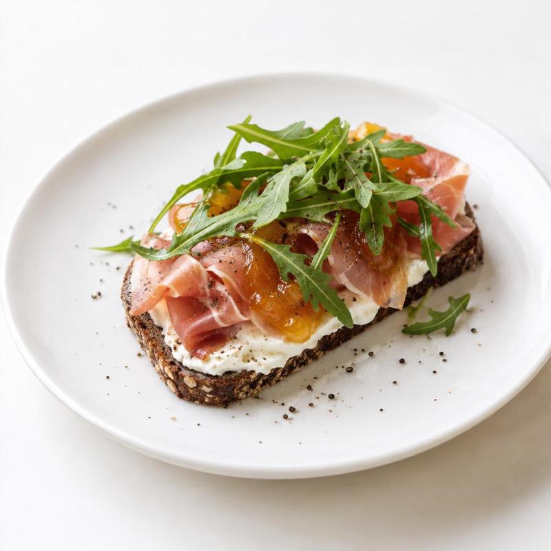 Żytnie grzanki z serkiem, prosciutto i morelowym dżemem