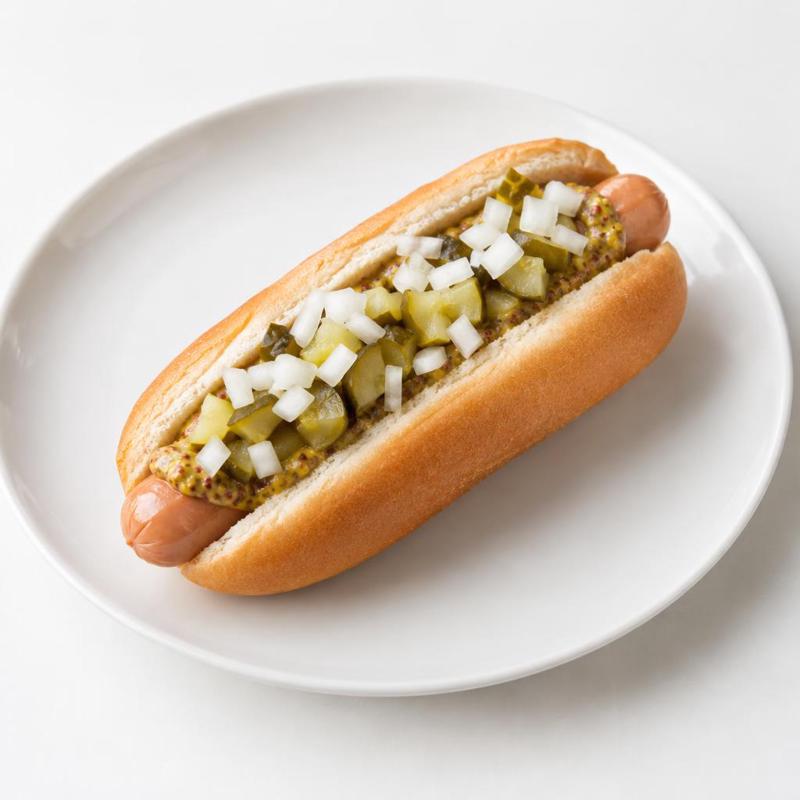 Hot dog z musztardą, ogórkiem konserwowym i cebulą