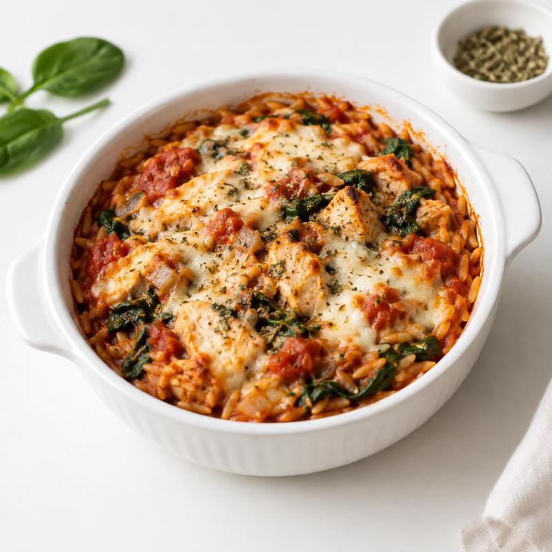 Orzo zapiekane z kurczakiem, pomidorami i mozzarellą