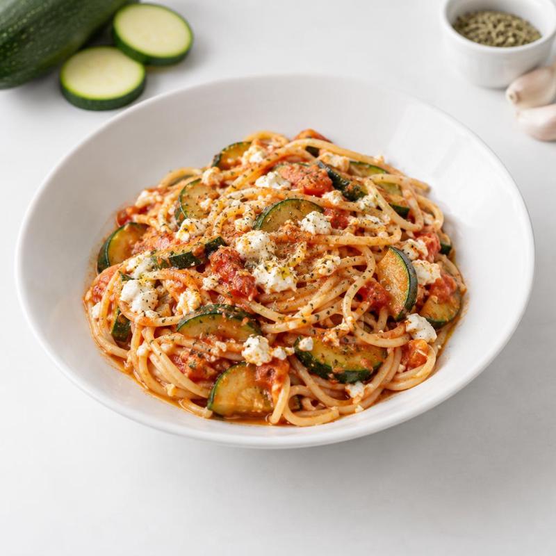Spaghetti z cukinią w sosie pomidorowo-serowym