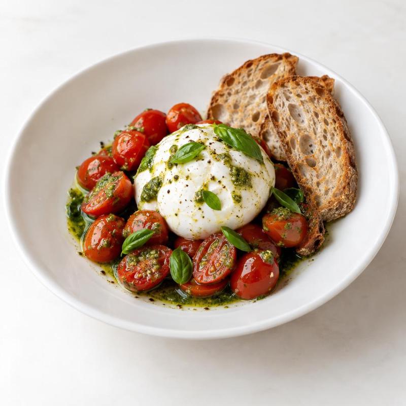 Burrata z pomidorami koktajlowymi w sosie bazyliowo-cytrynowym
