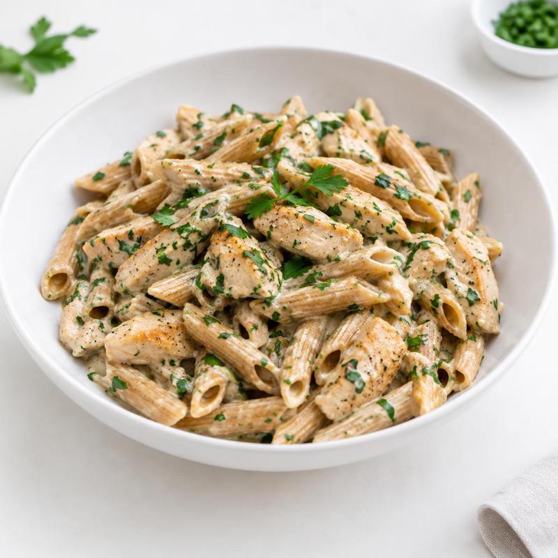 Penne z kurczakiem w sosie czosnkowo-pietruszkowym