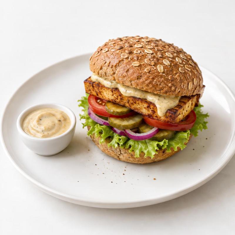 Burger z wędzonym tofu i sosem czosnkowo-musztardowym