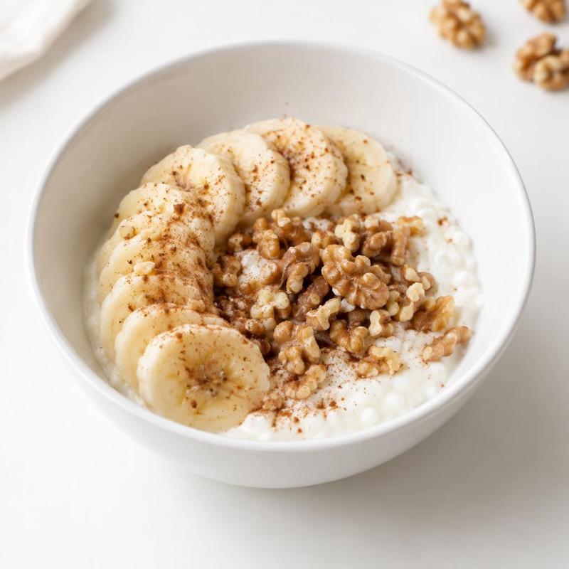 Skyr z bananem, prażonymi orzechami i cynamonem