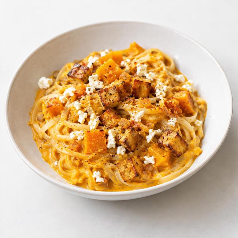 Makaron ryżowy w sosie dyniowo-fetowym z wędzonym tofu