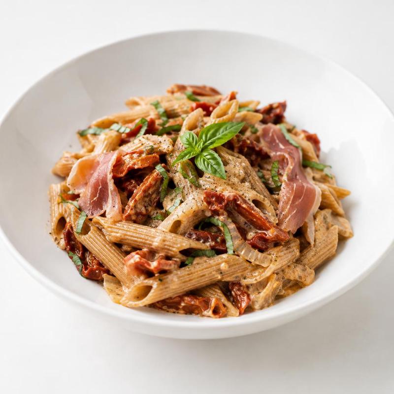 Makaron z prosciutto i pomidorami z oleju w sosie śmietanowym