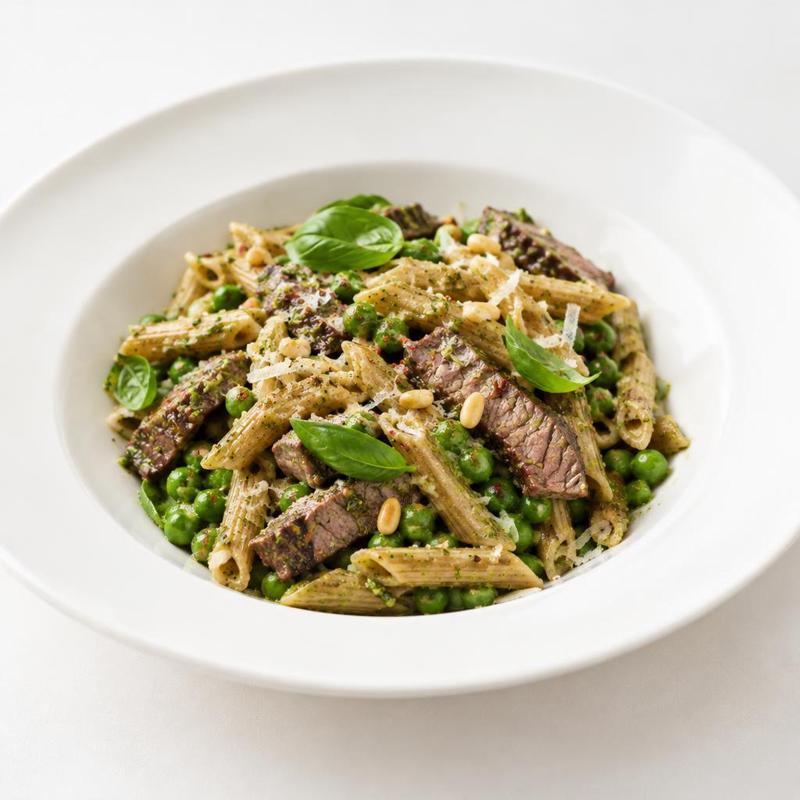 Makaron z polędwicą i groszkiem w pesto bazyliowym
