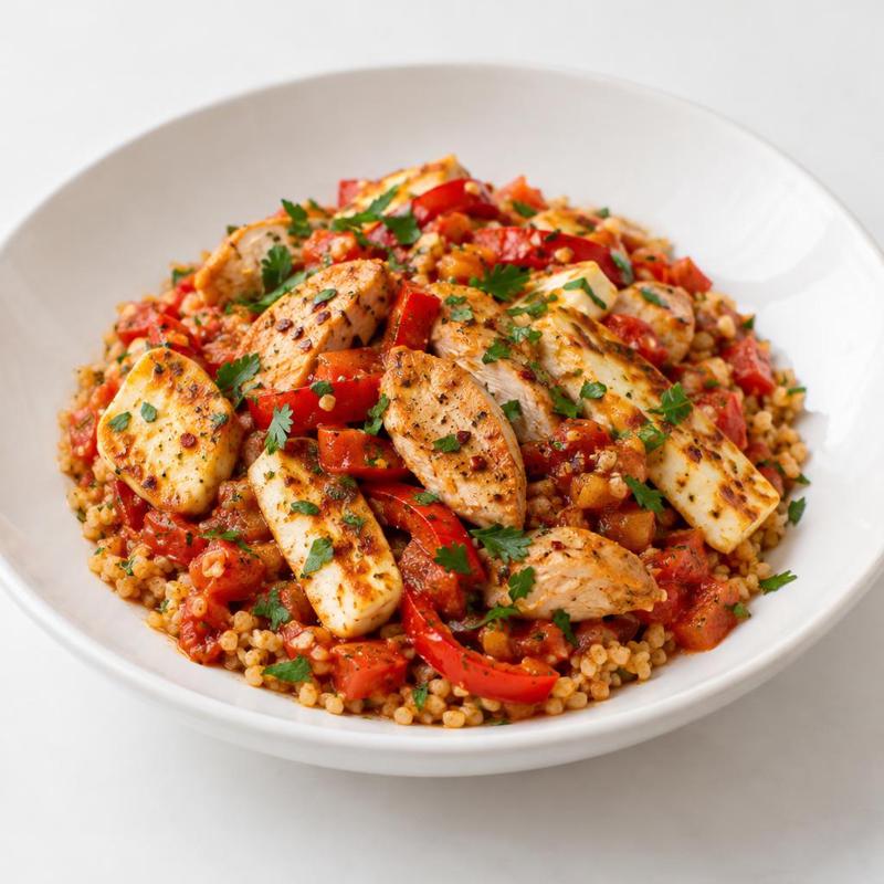 Bulgur z kurczakiem i halloumi w pikantnym sosie pomidorowym