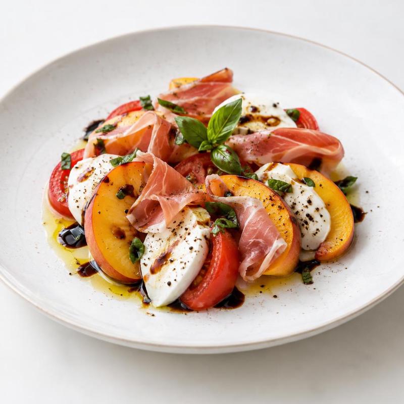 Caprese z brzoskwinią i szynką w sosie balsamicznym