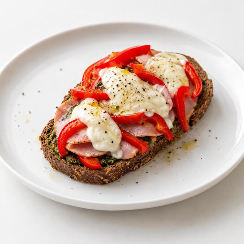 Szynka i mozzarella na żytnich grzankach z patelni