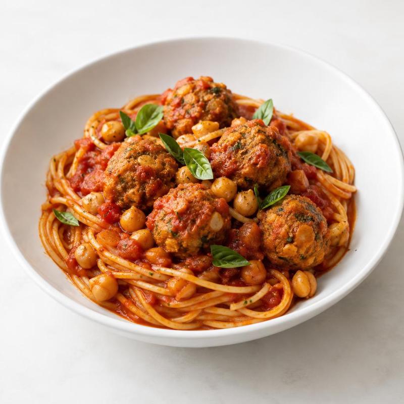 Spaghetti z klopsikami z marchewki i ciecierzycy