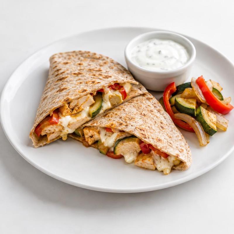 Opiekana tortilla z mozzarellą, kurczakiem i sosem czosnkowym