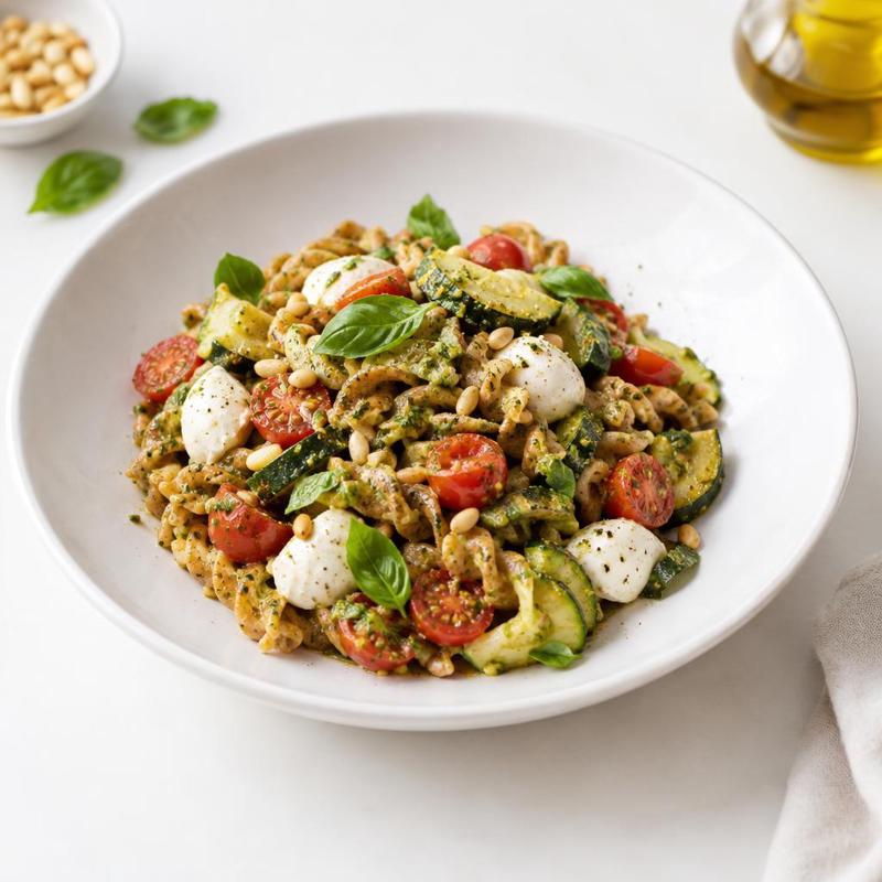 Makaron z soczewicy z pesto, cukinią i mozzarellą