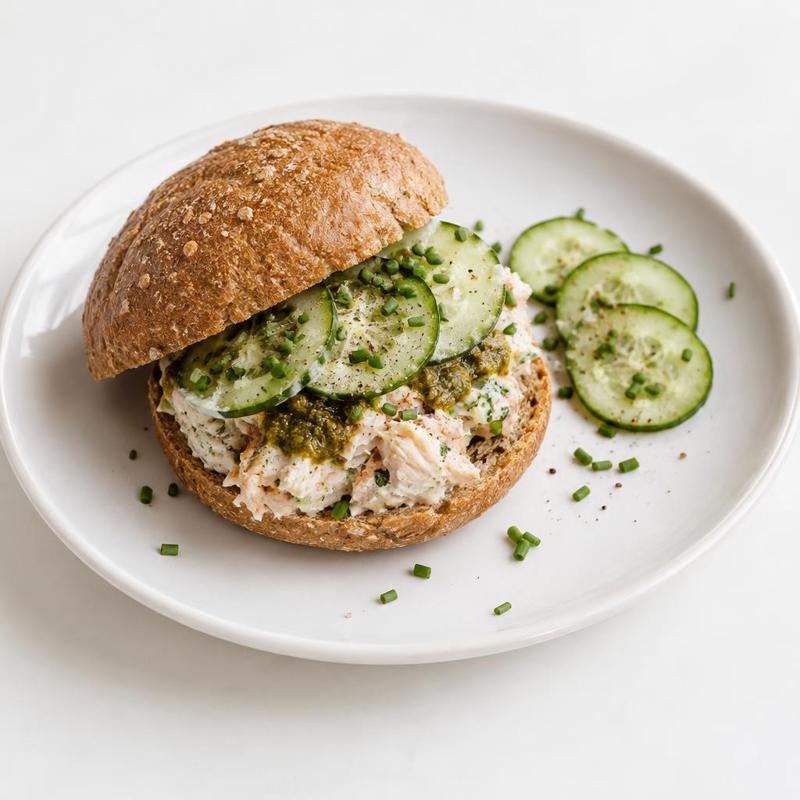 Grahamka z pastą z dorsza, pesto i ogórkiem
