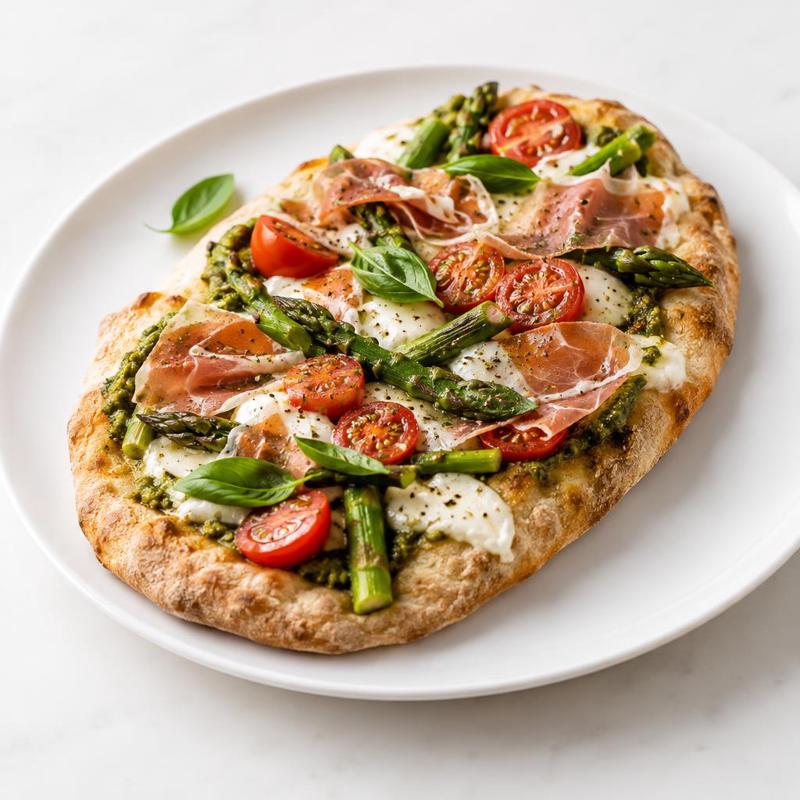 Pinsa z szynką parmeńską, szparagami i mozzarellą